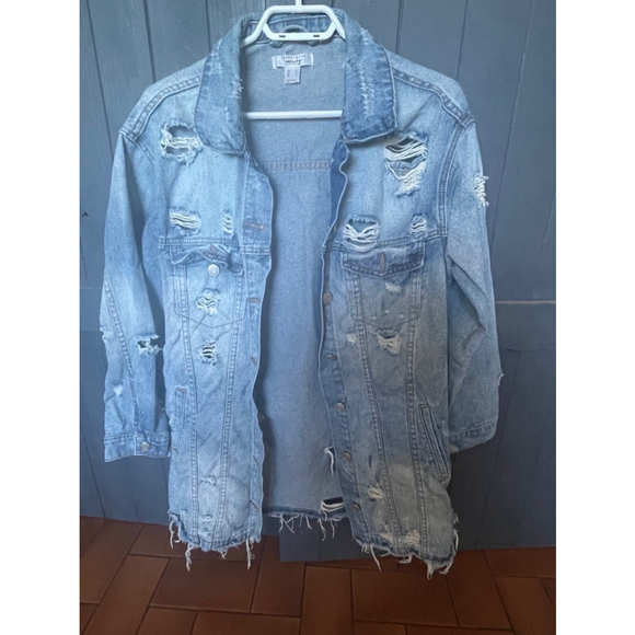 Denim Distressed Jacket Small Shacket Western Utility Grunge Y2K 90s Fall - Picture 3 of 6